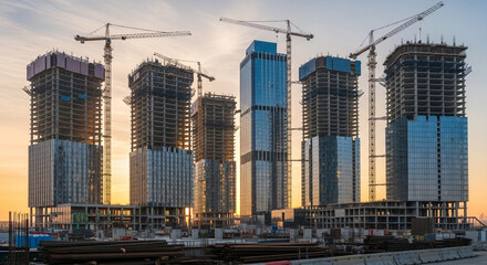 3D rendering of a  skyscraper under construction, no people and no vehicles, morning atmosphere with soft sunrise light, realistic details, modern architecture, clean composition, no text