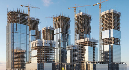 3D rendering of a  skyscraper under construction, no people and no vehicles, morning atmosphere with soft sunrise light, realistic details, modern architecture, clean composition, no text