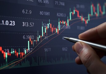 証券市場のチャートを分析する指先、上昇傾向を示すグラフが鮮やかに映し出される