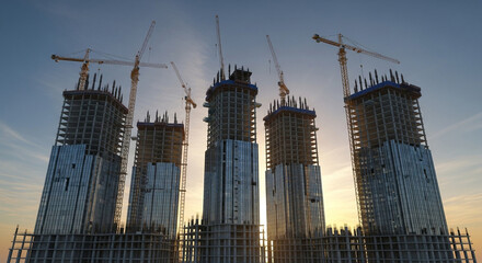 3D rendering of a  skyscraper under construction, no people and no vehicles, morning atmosphere with soft sunrise light, realistic details, modern architecture, clean composition, no text