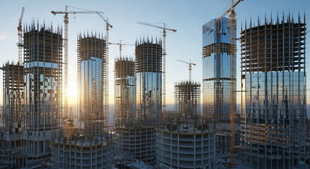 3D rendering of a  skyscraper under construction, no people and no vehicles, morning atmosphere with soft sunrise light, realistic details, modern architecture, clean composition, no text