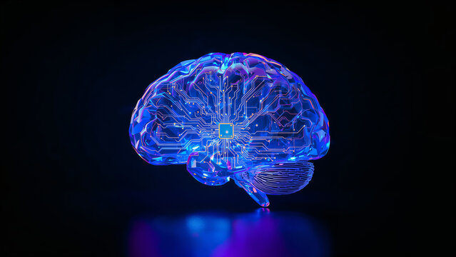 Innovative digital brain design blending technology and humanity in a vibrant electric glow