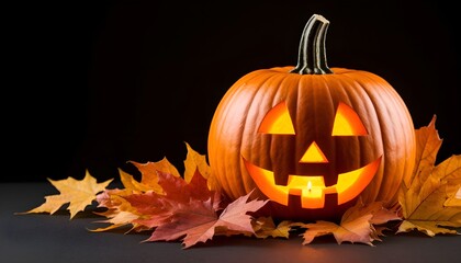 Halloween Pumpkin Jack-o'-lantern with Autumn Leaves.It is perfectly suited for seasonal advertising, party invitations, website banners, social media graphics, or any design celebrating Halloween 