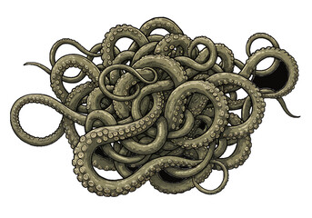 A tangled mass of olive green octopus tentacles with visible suckers in a chaotic arrangement on transparent background