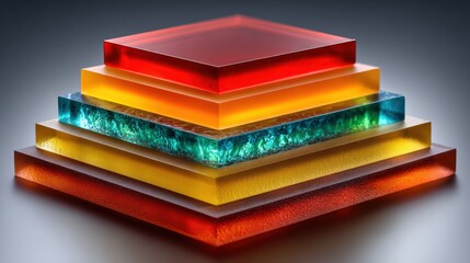 A close-up of a set of layered, colorful acrylic blocks arranged in a pyramid structure, showcasing a blend of hues and textures