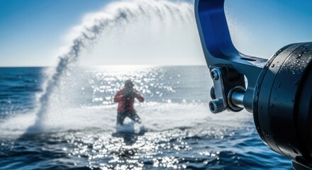 Naklejka premium Male jet skiing adventure at sea captured from unique watercraft perspective