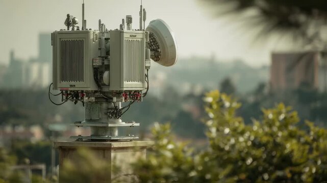Medium shot of a microwave antidrone jammer positioned on a base perimeter tower emphasizing the equipments details with foreground clarity and background bokeh effect.