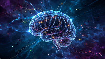 Exploring the wonders of the human brain amidst a cosmic backdrop of vibrant energy and colors