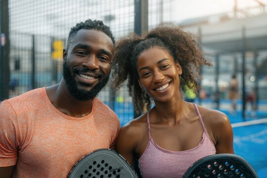 Black man and his female partner playing padel on the court - Powered by Adobe