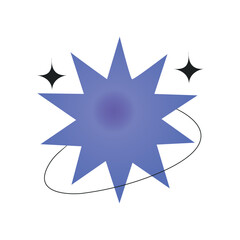 A vibrant, abstract star-shaped object with a smooth gradient of blue, purple, and yellow, surrounded by subtle orbital lines and sparkling stars