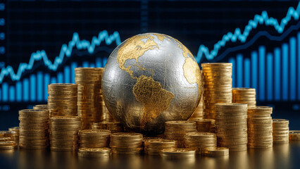 Stacks of coins surround a golden globe highlighting economic growth in a digital landscape of market trends