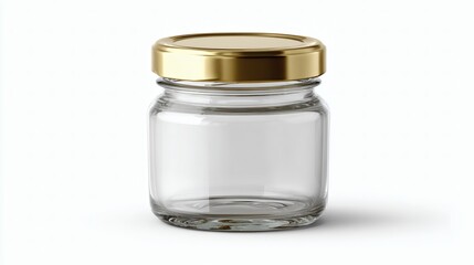 Small empty glass jar with gold metal lid isolated on white background