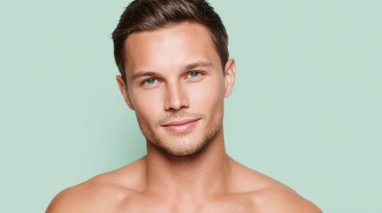 The image features a handsome man with tanned skin, set against a green background, and is related to Self Tanning Drops, with a youthful appearance