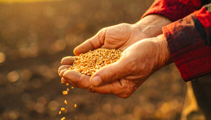 Golden Harvest: A close-up shot of weathered hands, showcasing the culmination of hard work with a handful of golden grain, bathed in the warm light of the setting sun and evokes feelings of growth.