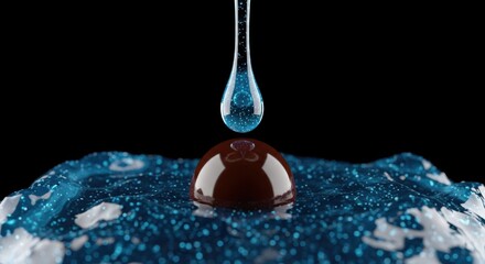 Close-up of blue liquid drop impacting surface with splash and droplets