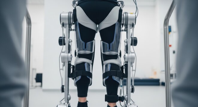 Asian female using advanced exoskeleton suit for rehabilitation in clinic