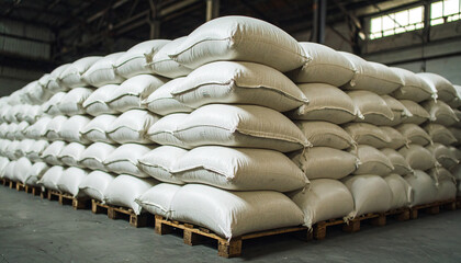 Stacked Harvest: A comprehensive image showcasing a mountain of packed sacks, likely containing the fruit of labor, ready for delivery in a massive warehouse.