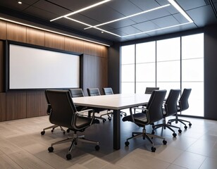 Conference room interior featuring table, chairs, and a blank screen.