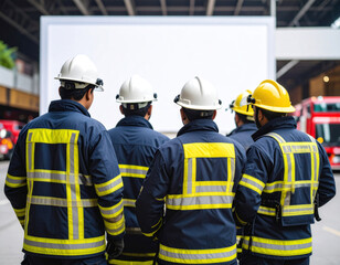 Obraz premium Firefighters observing a large blank screen at an emergency scene.