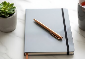 Minimalist desk setup with a grey notebook rose gold pen and succulent plant