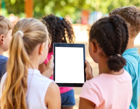 Children gathered around a tablet viewing its blank white screen.