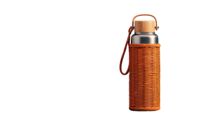 Stainless steel water bottle with woven, tan leather sleeve.  Wooden lid, carrying loop