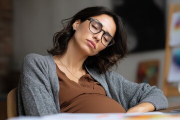 Exhausted mixed race glasses wearing pregnant woman sitting at a table resting with closed eyes