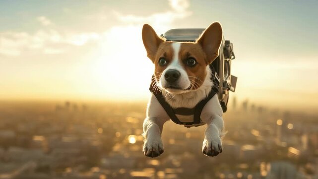 A cute dog wearing a safety harness, ready for an adventurous skydive from high above the city. Clear day in an urban environment.