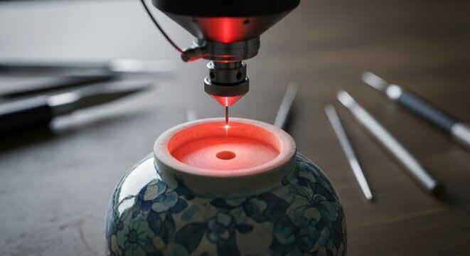 Precision laser engraving on ceramic pot with floral design in workshop setting - Powered by Adobe