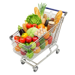 A shopping cart overflowing with a colorful assortment of fresh produce, including vegetables, fruits, bread isolated on transparent background