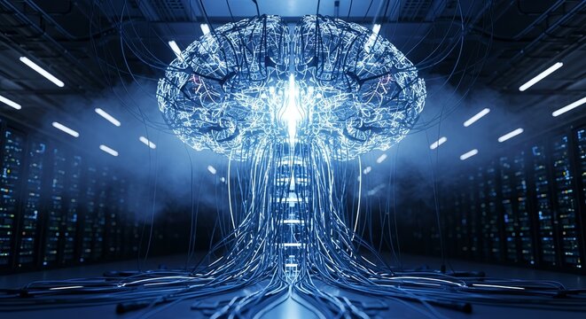 Futuristic AI brain powered by glowing neural network in server room - Powered by Adobe