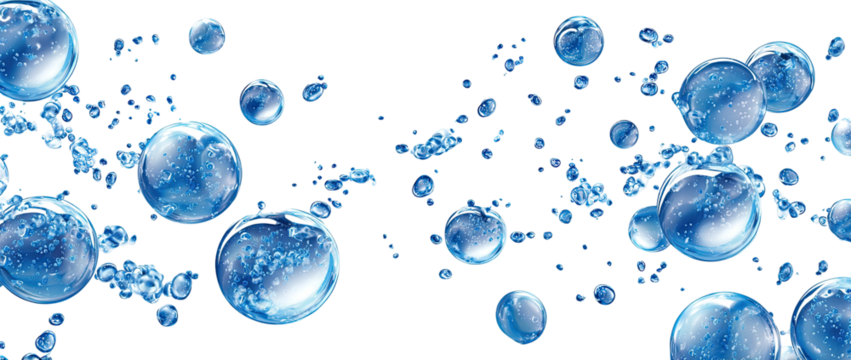 Many translucent, light-blue bubbles of various sizes against a dark background