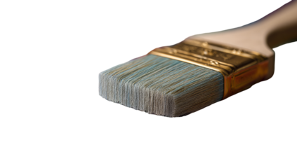 Close-up of a paintbrush's head.  Light-colored handle,  gold-toned ferrule,  and light-gray/blue bristles