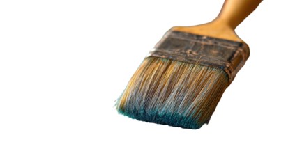 Close-up of a paintbrush with teal-tinged bristles, wooden handle