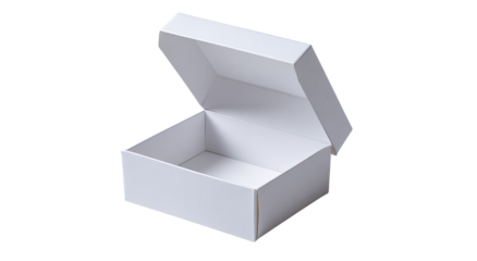 Open white square box,  simple and clean design.  Lid ajar,  empty interior