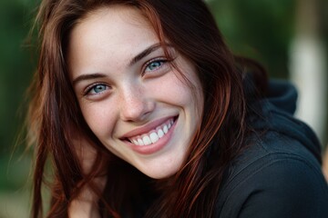 Fototapeta premium Close up image of a cheerful young woman smiling outside