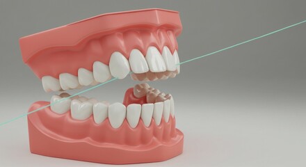 Dental model with mint green floss between teeth on gray background