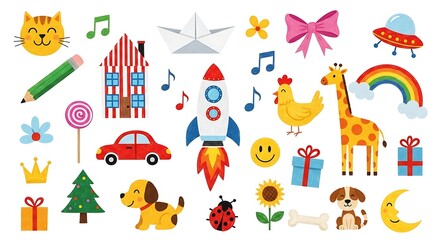 Fototapeta premium Illustration collection of cute cartoon icons for children, isolated on white background