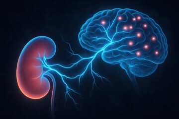 Obraz premium Neural connection between kidney and brain illustrating nervous system regulation and bodily functions illustration