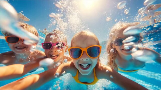 Enjoying a sunny day at the pool with friends and joy-filled smiles in bright sunglasses
