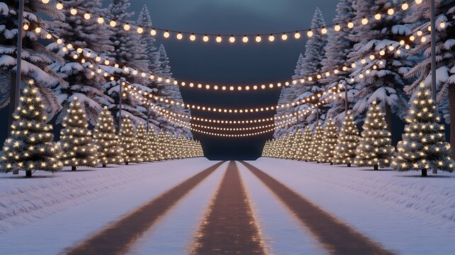 Snowy Avenue of Illuminated Christmas Trees and Lights