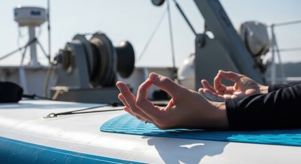 Close-up of hands meditating on a boat deck