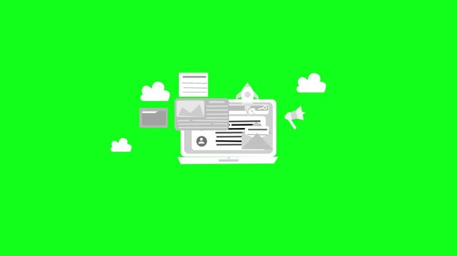 Animation of a laptop with digital marketing icons and clouds