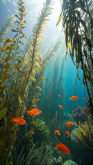 Naklejka premium Marine Life Habitat with Garibaldi Fish in California Kelp Forest