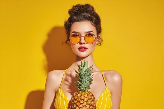 Image of a young woman wearing a swimsuit and sunglasses holding a pineapple against a white backdrop representing summer