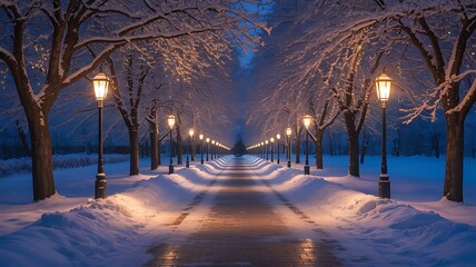 Illuminated winter park avenue with snow and lampposts