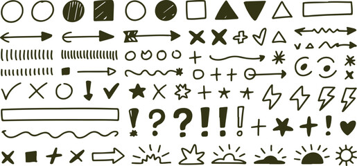 hand drawn doodle arrows, shapes, symbols and decorative sketch elements collection for retro and modern design