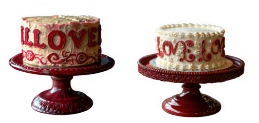 Two decorative cakes with the word love written in icing, presented on elegant cake stands, isolated on transparent background