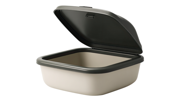 Square, light beige plastic storage container with a dark gray lid.  The lid is open