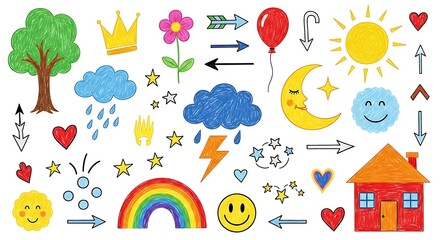 Illustration childrens drawing style icons of nature, weather, and emotions, isolated on white background